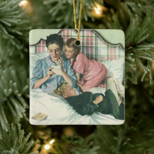 Vintage Mother Day, Children Reading Cards in Bed  Ceramic Ornament