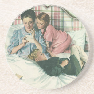 Vintage Mother Day, Children Reading Cards in Bed Coaster