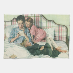 Vintage Mother Day, Children Reading Cards in Bed  Tea Towel