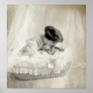Vintage Mother Kissing Baby in Bassinet Poster