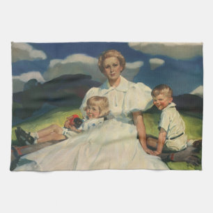 Vintage Mother's Day, Mum with Children Tea Towel