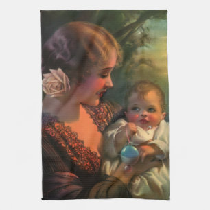 Vintage Mother's Day Portrait, Mum and Baby Tea Towel