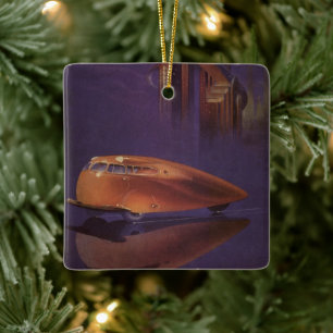 Vintage Motor Magazine Cover, Futuristic City Car Ceramic Tree Decoration