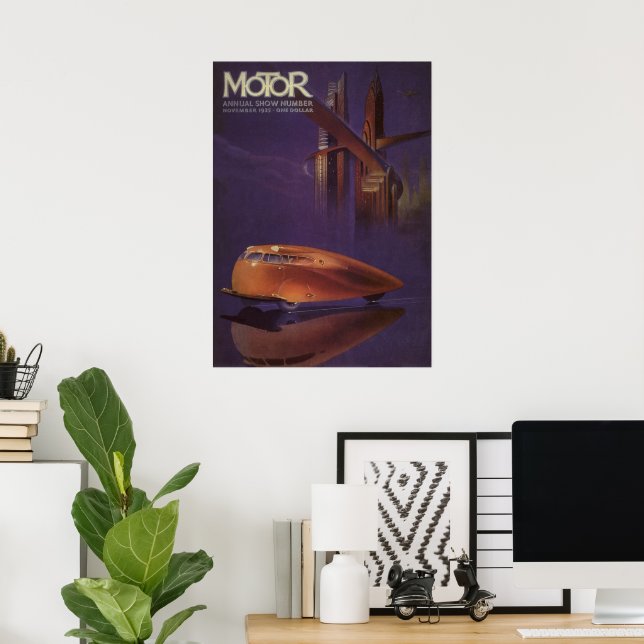 Vintage Motor Magazine Cover, Futuristic City Car Poster (Home Office)