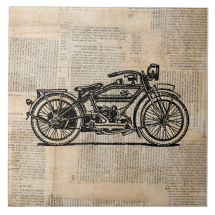 Vintage Motorcycle Art Newspaper Text Style Ceramic Tile