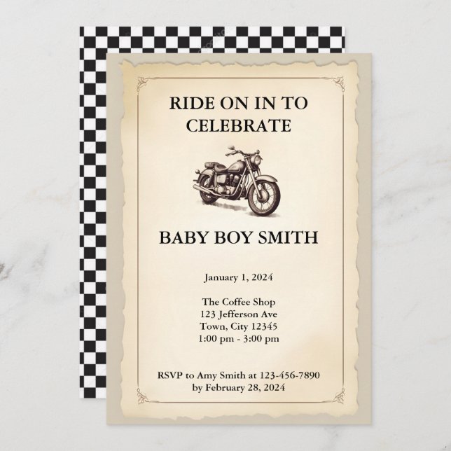 Vintage Motorcycle Baby Shower Invitation (Front/Back)