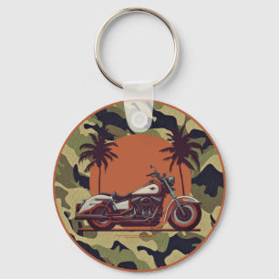 Vintage Motorcycle Classic Sunset Beach Biker Camo Key Ring