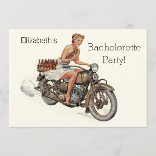 Vintage Motorcycle Girl and Beer Bachelorette Invitation