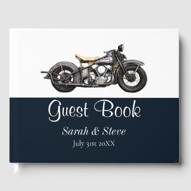 Vintage Motorcycle Navy Modern Wedding Guest Book (Front)
