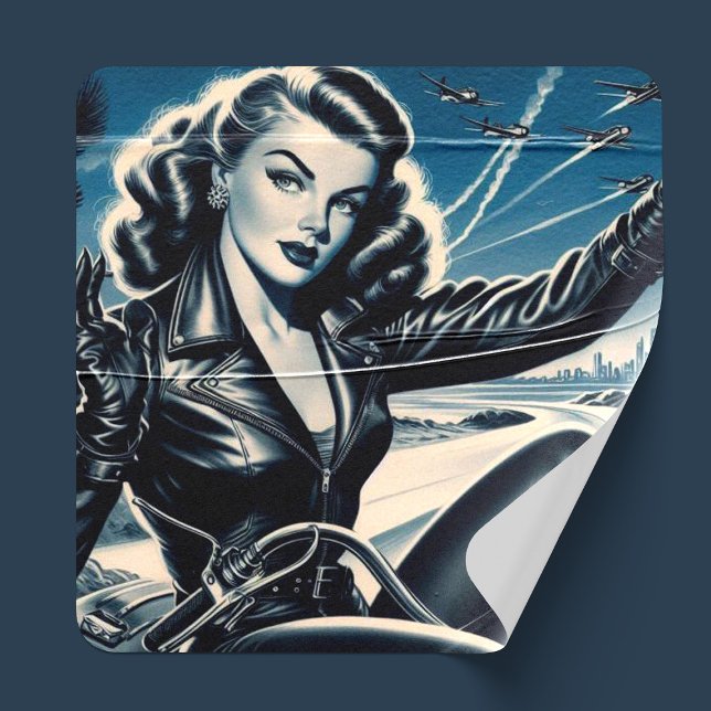 Vintage Motorcycle Pin Up Square Sticker (Creator Uploaded)