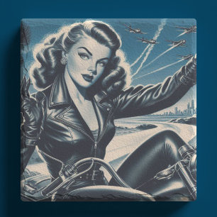 Vintage Motorcycle Pin Up Stone Coaster