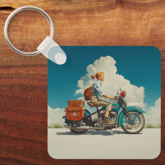 Vintage Motorcycle Road Trip Adventure Key Ring (Front)