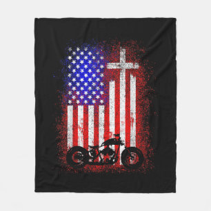 Vintage Motorcycle USA Flag Christian Faith for Bi Fleece Blanket