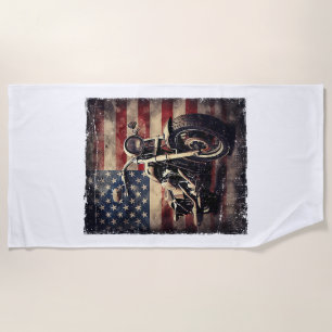 Vintage Motorcycle USA Flag Retro Biker American Beach Towel