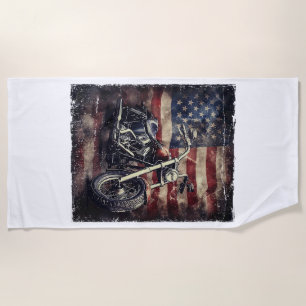 Vintage Motorcycle USA Flag Retro Biker American Beach Towel