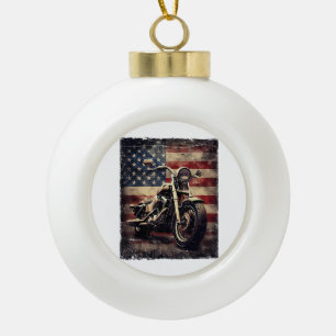Vintage Motorcycle USA Flag Retro Biker American Ceramic Ball Christmas Ornament