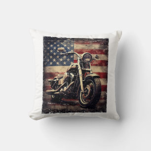Vintage Motorcycle USA Flag Retro Biker American Cushion