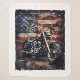 Vintage Motorcycle USA Flag Retro Biker American Sherpa Blanket