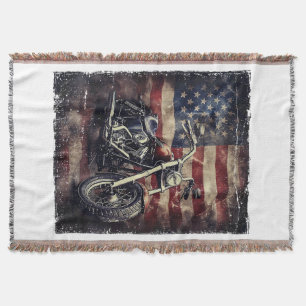 Vintage Motorcycle USA Flag Retro Biker American Throw Blanket