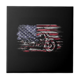 Vintage Motorcycle USA Flag Retro Biker, Motorcycl Ceramic Tile