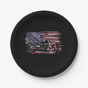 Vintage Motorcycle USA Flag Retro Biker, Motorcycl Paper Plate