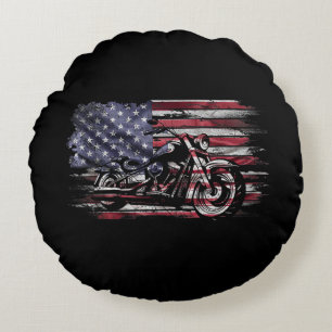 Vintage Motorcycle USA Flag Retro Biker, Motorcycl Round Cushion