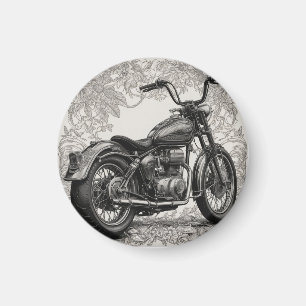 Vintage Motorcycle with Floral Frame – Retro Biker Magnet
