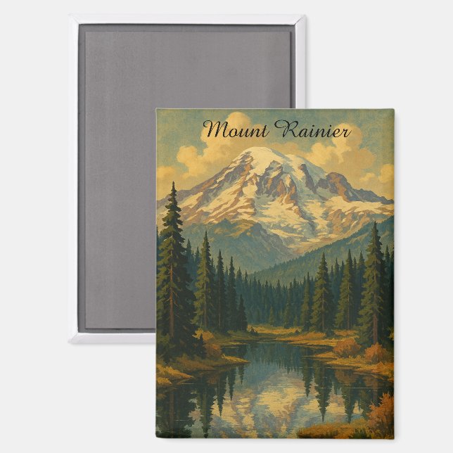 Vintage Mount Rainier National Park Retro Art Magnet (Front/Back)