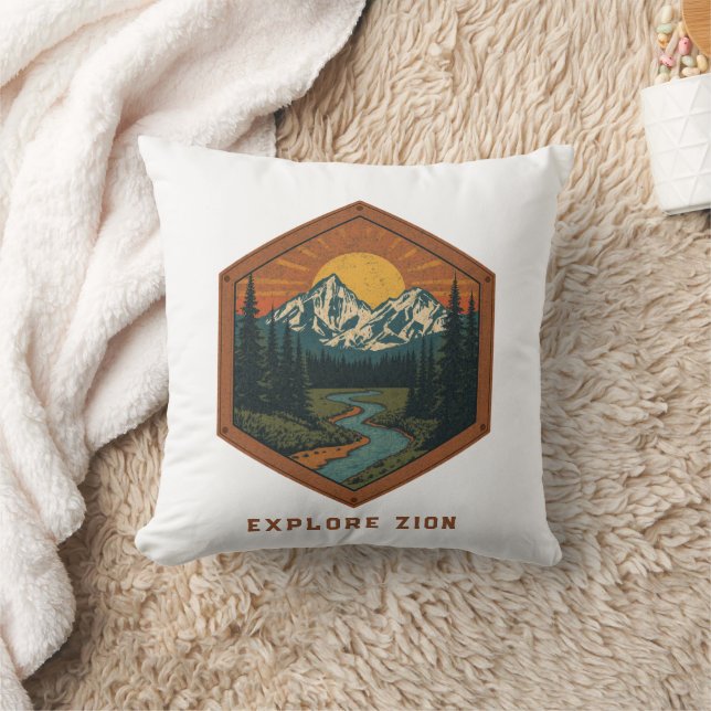 Vintage Mountain Adventure Retro Badge Cushion (Blanket)