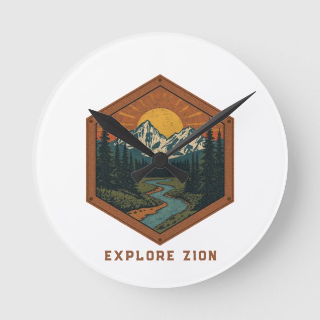 Vintage Mountain Adventure Retro Badge Round Clock (Front)