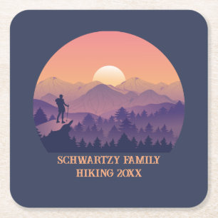 Vintage Mountain Forest Hiker's Sunset purple oran Square Paper Coaster