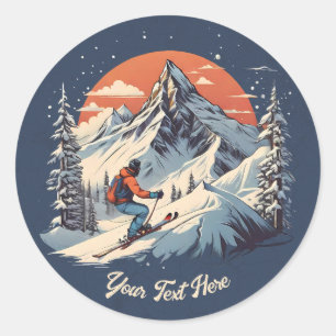 Vintage Mountain Pine Skiing orange Sunset  Classic Round Sticker