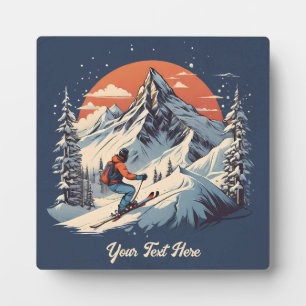 Vintage Mountain Pine Skiing orange Sunset Plaque