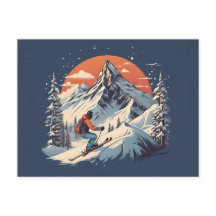 Vintage Mountain Pine Skiing orange Sunset