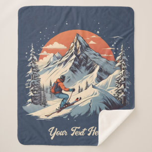 Vintage Mountain Pine Skiing orange Sunset  Sherpa Blanket