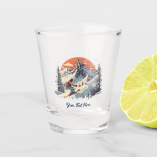 Vintage Mountain Pine Skiing orange Sunset Shot Glass