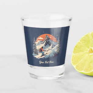 Vintage Mountain Pine Skiing orange Sunset Shot Glass