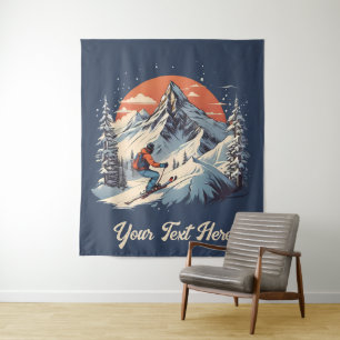 Vintage Mountain Pine Skiing orange Sunset Tapestry