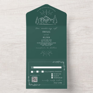 Vintage Mountain Rustic Emerald QR RSVP All In One Invitation