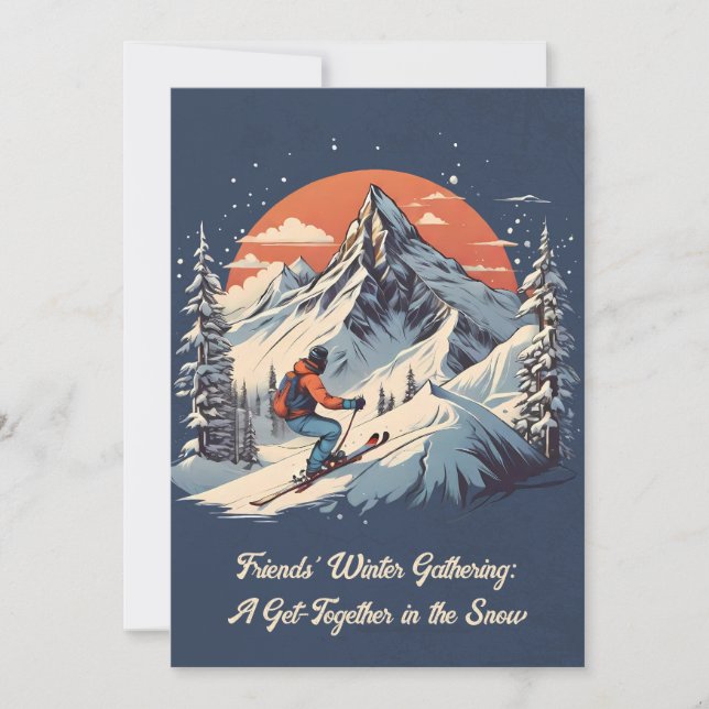 Vintage Mountain Skiing sunset Friends Gathering Invitation (Front)