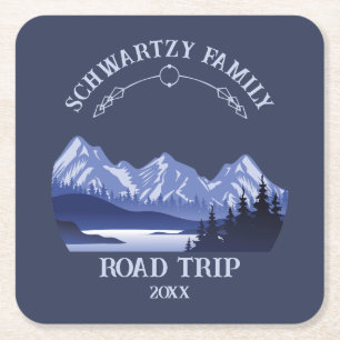 Vintage Mountain Sunset outdoor lake Retreat blue Square Paper Coaster