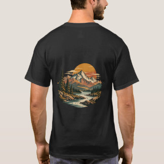 Vintage Mountain Sunset River Back Print T-Shirt