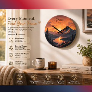 Vintage Mountain Sunset Wall Clock   Rustic Nature