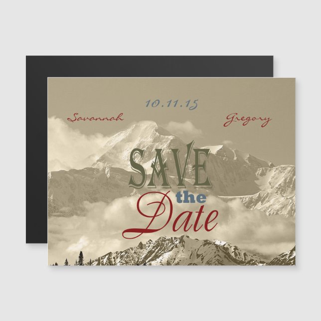 Vintage Mountains: Save the Date Personalise Magnetic Invitation (Front/Back)