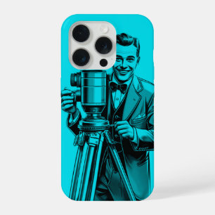 Vintage movie cameraman in blue iPhone 15 pro case