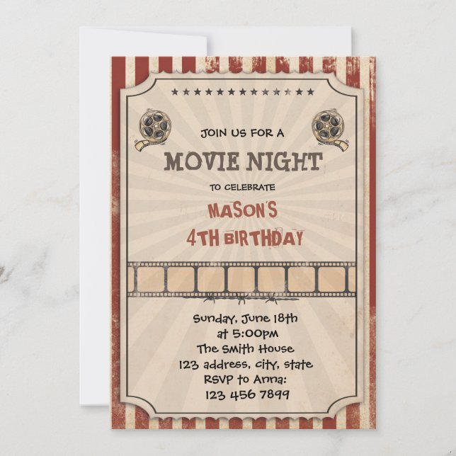 Vintage movie night birthday party invitation (Front)