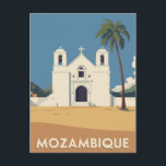 Vintage Mozambique Travel Poster Church Art Postcard<br><div class="desc">A peaceful, vintage-style travel poster featuring an artistic illustration of a historic white church in Mozambique, Africa. The design captures a bright, sunny scene with a towering palm tree and simple architecture, evoking the colonial and coastal charm of this Southern African nation. This retro-inspired artwork is perfect wall décor for...</div>