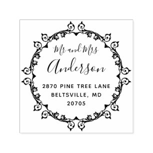 Vintage Mr and Mrs Wedding Round Return Address Self-inking Stamp