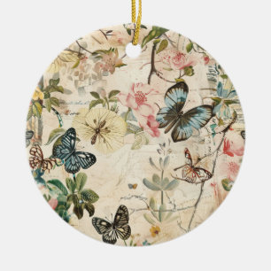 Vintage Multi Butterflies and Flowers Ceramic Ornament