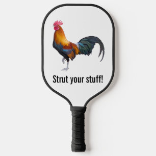 Vintage multicolored rooster "strut your stuff" pickleball paddle
